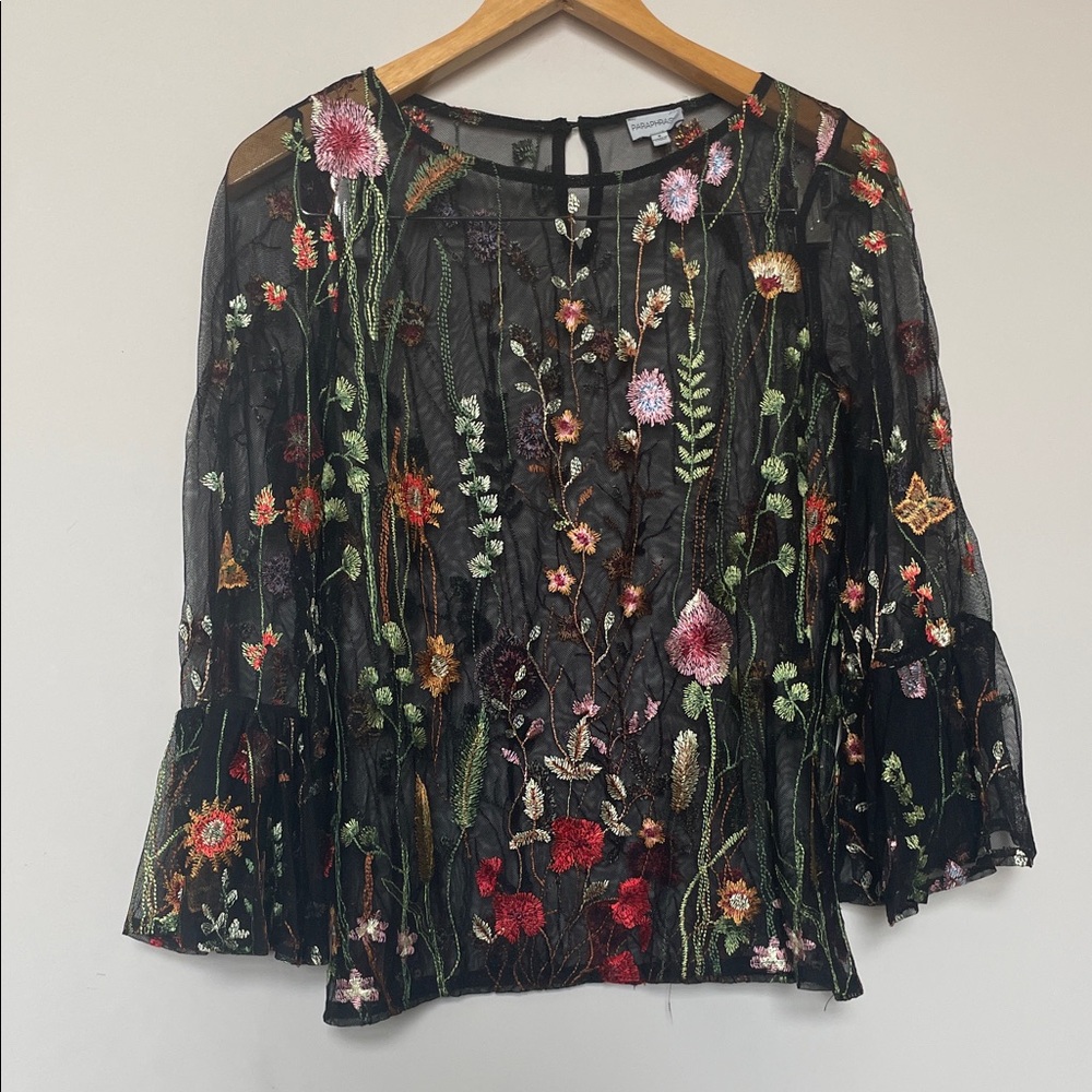 Paraphrase Black Mesh Blouse with Vibrant Floral Design
